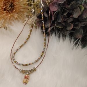 Wine, Silver and Gold Double Strand Necklace with Rose Bead Dangle
